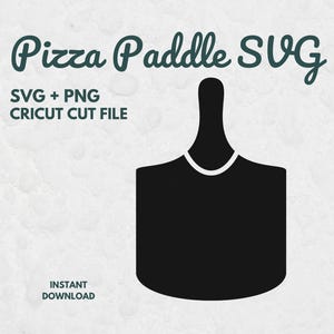 Könnte beinhalten: Schwarzes Pizza-Paddel-SVG-Design mit dem Text "Pizza Paddle SVG" in einer dunkelgrünen Schriftart. Zusätzlicher Text enthält "SVG + PNG CRICUT CUT FILE" und "INSTANT DOWNLOAD". Das Paddel hat einen Griff und eine abgerundete rechteckige Klinge.