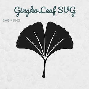 May include: A black silhouette of a ginkgo leaf with a central stem and radiating veins. The text Gingko Leaf SVG is displayed in dark green above the leaf, with the smaller text SVG + PNG positioned to the left of the leaf graphic.
