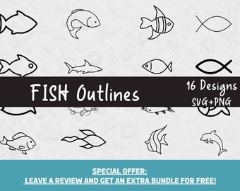 Fish Outline Svg, SVG Files for Cricut, Fish Cut Files, Ocean Svg, Fish Vectors, Fish Outlines, Fish Clipart, Fish PNG, Fish Silhouettes