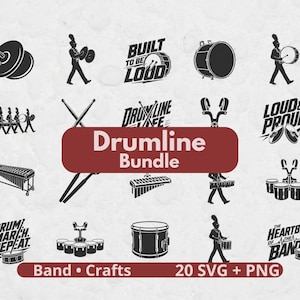 May include: A digital collection of twenty black and white graphic illustrations featuring marching band themes, including drumline equipment, percussionists, and text phrases like Built To Be Loud, Drumline Life, and The Heartbeat Of The Band.