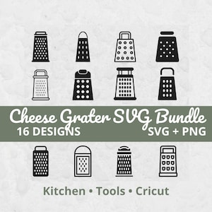 May include: A collection of 16 black cheese grater designs in various shapes and styles. The image includes the text "Cheese Grater SVG Bundle" and "Kitchen • Tools • Cricut".