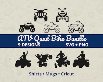 May include: A digital design bundle featuring black ATV quad bike illustrations. The design includes various ATV models and silhouettes of people riding ATVs. Text reads "ATV Quad Bike Bundle" and "9 Designs".