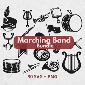 May include: A collection of black silhouette icons featuring marching band equipment including a shako hat, lyre, trumpet, bass drum, snare drum, trombone, French horn, flag, and drumsticks, with the text Marching Band Bundle and 30 SVG + PNG.