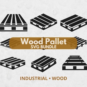 May include: A collection of black graphic icons depicting various wood pallets in different perspectives. A central brown horizontal banner displays the white text Wood Pallet SVG BUNDLE, with the words INDUSTRIAL WOOD printed below in brown.