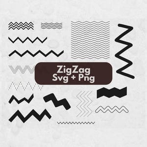 Peut inclure: Une collection de motifs en zigzag et de lignes ondulées noires de différentes épaisseurs et styles, incluant des lignes pointillées et pleines. Une étiquette rectangulaire marron foncé au centre affiche le texte blanc ZigZag Svg + Png.