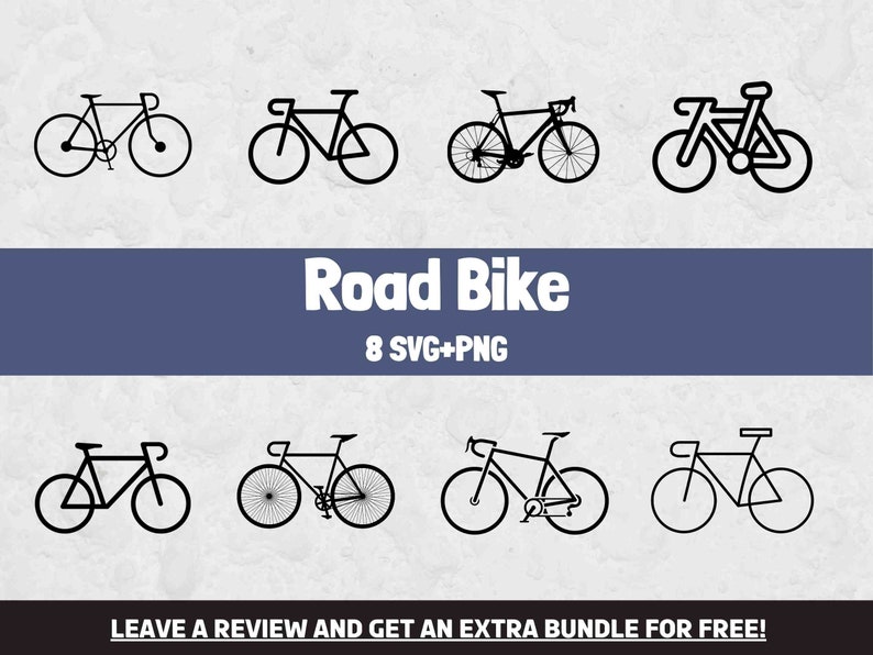 Puede incluir: Un conjunto de ocho ilustraciones de bicicletas de carretera en blanco y negro. Las bicicletas se muestran en varias posiciones, algunas con ruedas con radios y otras con ruedas s&oacute;lidas. El texto "Road Bike" y "8 SVG+PNG" se muestra debajo de las im&aacute;genes.