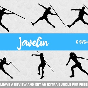 Puede incluir: Seis ilustraciones en silueta negra de atletas lanzando una jabalina. Los atletas están en varias poses, mostrando las diferentes etapas del lanzamiento. El texto "Javelin" y "6 SVG+PNG" se muestra en la parte superior de la imagen. El texto "LEAVE A REVIEW AND GET AN EXTRA BUNDLE FOR FREE!" se muestra en la parte inferior de la imagen.