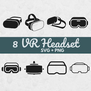 Może przedstawiać: Cyfrowa ilustracja przedstawiająca osiem wzorów zestawów słuchawkowych VR w czerni i bieli. Tekst "8 VR Headset SVG + PNG" jest wyświetlany na turkusowym banerze. Zestawy słuchawkowe różnią się stylem, prezentując różne wzory gogli wirtualnej rzeczywistości.