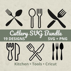 May include: A collection of black cutlery designs, including forks, spoons, and knives, arranged in various configurations. The text "Cutlery SVG Bundle" is displayed above the designs, with "19 DESIGNS" and "SVG + PNG" below. The words "Kitchen • Tools • Cricut" are at the bottom.