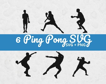 May include: A digital graphic featuring six black silhouette figures playing ping pong. The figures are in various action poses, with paddles and balls. The text "6 Ping Pong SVG" is displayed on a blue banner.