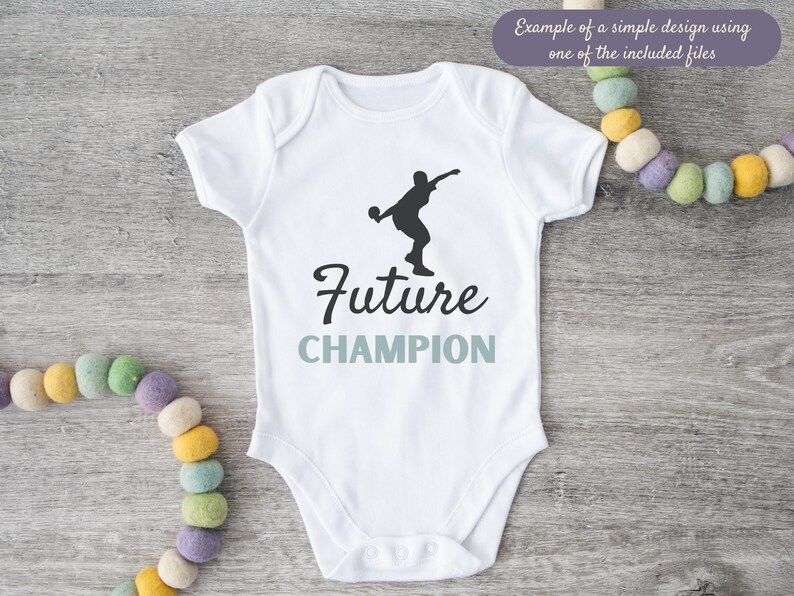 May include: White baby onesie with a black silhouette of a bowler and the words "Future CHAMPION" in black and gray. The onesie is surrounded by colorful felt balls.