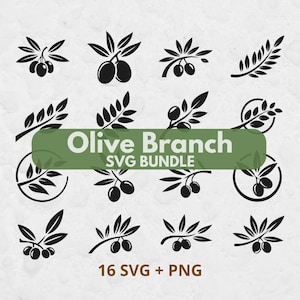 May include: A collection of sixteen black graphic icons featuring olive branches with leaves and fruit. A green horizontal banner across the center displays the white text Olive Branch SVG BUNDLE, with 16 SVG + PNG printed in brown at the bottom.