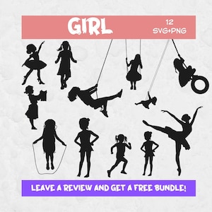 Meisje Svg Png bundel, Svg-bestanden voor Cricut, kind silhouetten, meisje silhouet, Kids clipart, kind SVG, meisje PNG, meisje op een schommel, spelen