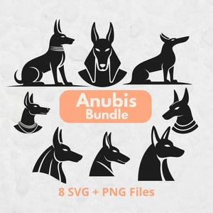 May include: A digital graphic set featuring eight black silhouettes of the Egyptian deity Anubis in various poses and profiles. The central peach-colored rectangular label displays the white text Anubis Bundle, with 8 SVG + PNG Files below.