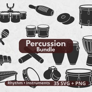 Op de afbeelding: Een digitale collectie van zwarte percussie-instrument iconen, waaronder trommels, bekkens, maracas, een tamboerijn en een xylofoon. De afbeelding bevat de tekst Percussion Bundle en Rhythm Instruments 35 SVG + PNG op een lichte achtergrond.