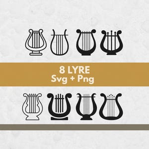 May include: A digital collection of eight black and white lyre icons arranged in two rows. The text 8 LYRE Svg + Png is centered on a gold horizontal band. Each icon features a unique stringed instrument design with varying frame shapes.