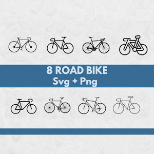 Può includere: Una collezione digitale di otto illustrazioni a linee nere di biciclette da corsa disposte su due file. Il testo 8 ROAD BIKE Svg + Png è centrato in una fascia orizzontale blu tra le due file di icone di biciclette su uno sfondo chiaro.
