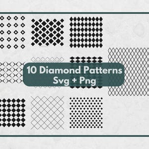 Peut inclure: Une collection de 10 motifs en losange noirs et blancs présentés dans une grille. L'image présente divers designs géométriques, y compris des formes de losanges pleines, contourées et pointillées. Le texte 10 Diamond Patterns Svg + Png est centré.