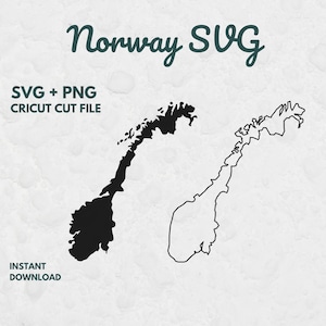 Puede incluir: Un archivo gráfico digital con el texto Norway SVG, SVG + PNG, CRICUT CUT FILE e INSTANT DOWNLOAD. La imagen muestra dos representaciones negras del mapa de Noruega: una silueta sólida y una versión de contorno sobre un fondo claro.