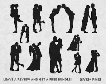 May include: A collection of eleven black silhouettes depicting couples in various romantic poses, including kissing and embracing. The text at the bottom reads: LEAVE A REVIEW AND GET A FREE BUNDLE! SVG+PNG. These graphic designs are isolated on a white background.