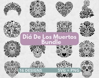 Dia de los Muertos SVG Bundle, Day of the Dead PNG, Sugar Skull Clipart, Calavera SVG, Mexican Folk Art, 16 Designs