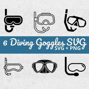 Può includere: Grafica digitale con sei design in bianco e nero di maschere subacquee e boccagli. Il testo "6 Diving Goggles SVG SVG + PNG" è visualizzato su uno striscione blu. Adatto a vari progetti creativi e design digitali.