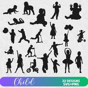 Paquete svg infantil, archivos svg para cricut, silueta infantil, niños svg, imágenes prediseñadas para niños, imágenes prediseñadas para niños, silueta para niños, niños jugando
