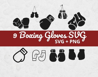 Op de afbeelding: Afbeelding met negen zwarte bokshandschoenontwerpen in verschillende stijlen. De afbeelding toont hangende handschoenen, zijaanzichten en contouren. Een rode banner in het midden leest "9 Boxing Gloves SVG SVG + PNG" in witte letters.