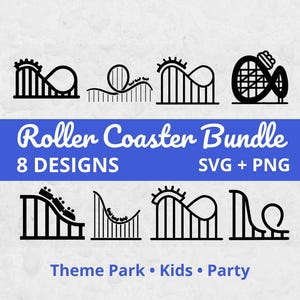 Peut inclure: Ensemble de huit dessins de montagnes russes noires en formats SVG et PNG. Les dessins présentent différents tracés de montagnes russes. Le texte indique "Roller Coaster Bundle" et "Theme Park • Kids • Party" sur un fond bleu.