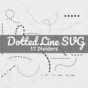 Puede incluir: Imagen que presenta varios diseños de líneas de puntos negras, incluyendo líneas curvas, rectas y discontinuas. El texto "Dotted Line SVG" se muestra en blanco, junto con "17 Dividers" sobre un fondo gris.