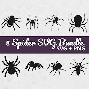 Peut inclure: Un ensemble de motifs num&eacute;riques avec huit silhouettes d'araign&eacute;es noires dans diff&eacute;rentes poses. Le texte "8 Spider SVG Bundle SVG + PNG" est affich&eacute; sur une banni&egrave;re violet fonc&eacute;. Les araign&eacute;es sont sur un fond clair et textur&eacute;.
