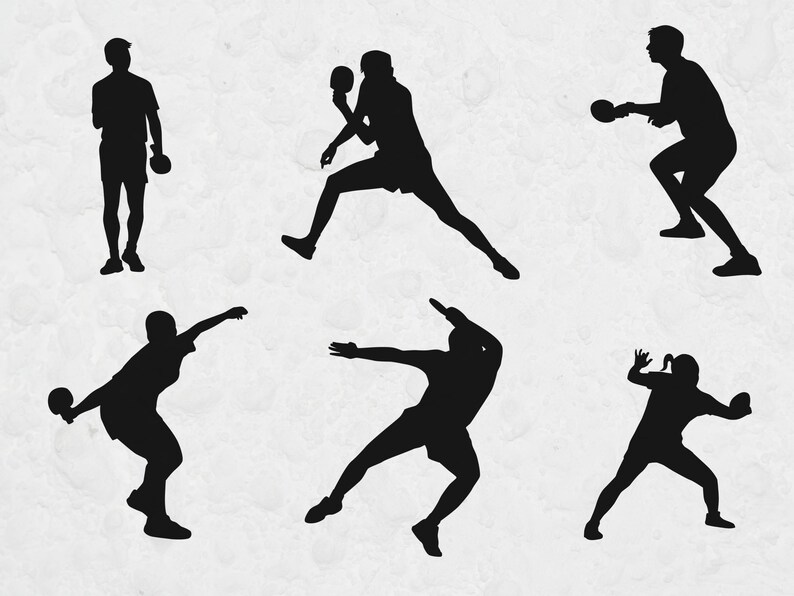 May include: A collection of six black silhouette illustrations of people playing table tennis. The figures are in various action poses, including serving, hitting, and preparing to return the ball. The background is a textured, off-white color.