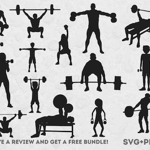 May include: Silhouettes of people lifting weights in a gym setting.  The image includes people lifting barbells, dumbbells, and kettlebells.  The image also includes a person doing a bench press.