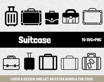 Könnte beinhalten: Eine Sammlung von zehn schwarz-weißen Koffer-Symbolen in verschiedenen Stilen, darunter Rollkoffer, Aktentaschen und Reisetaschen. Das Bild enthält den Text Suitcase, 10 SVG+PNG und LEAVE A REVIEW AND GET AN EXTRA BUNDLE FOR FREE.