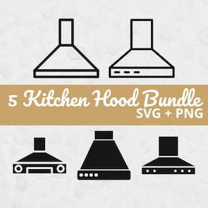 Puede incluir: Un conjunto de cinco diseños de campanas extractoras de cocina en blanco y negro. La imagen incluye varios estilos de campanas extractoras, con el texto "5 Kitchen Hood Bundle SVG + PNG" en una pancarta beige.
