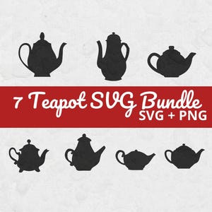 Puede incluir: Un conjunto gráfico digital que presenta siete siluetas de teteras negras dispuestas en dos filas. Una amplia banda horizontal roja en el centro muestra el texto blanco 7 Teapot SVG Bundle SVG + PNG. El fondo es un blanco roto texturizado.