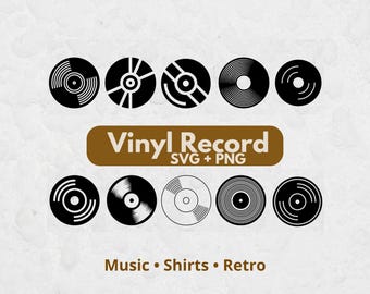 Peut inclure: Une collection de dix icônes de disques vinyles en noir et blanc disposées sur deux rangées. Une bannière horizontale brune au centre affiche le texte Vinyl Record SVG + PNG. Sous les icônes, le texte Music • Shirts • Retro est en brun.