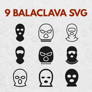 Puede incluir: Nueve diseños SVG de pasamontañas en blanco y negro. El texto "9 BALACLAVA SVG" está en rojo en la parte superior. Los pasamontañas son de varios estilos, algunos negros sólidos y otros delineados en negro.