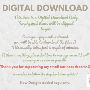 以下が含まれることがあります： DIGITAL DOWNLOADと書かれたベージュのテキストと、物理的なアイテムは発送されないこと、支払い処理、連絡先の説明が書かれた緑色のテキストを含むデジタルダウンロード情報グラフィック。ピンクの感謝のメッセージとロゴが含まれています。