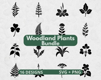 Wild Plants SVG Bundle, 16 Botanical Silhouettes, Fern and Leaf Designs for Cricut