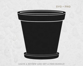 May include: A black silhouette of a flower pot with a matching saucer, featuring a wide rim and tapered sides. The text SVG + PNG appears in the top right corner, and the text LEAVE A REVIEW AND GET A FREE BUNDLE! is at the bottom.