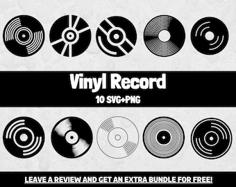 May include: A collection of ten black and white vinyl record designs. The image includes various circular designs with concentric circles and lines, and the text "Vinyl Record 10 SVG+PNG".
