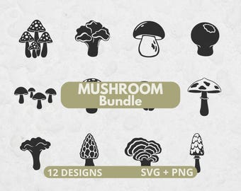 Mushroom SVG Bundle, 12 Woodland Fungi Cut Files, Woodland Decor, Nature Clipart