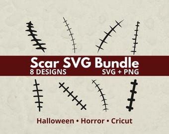 Könnte beinhalten: Eine digitale Sammlung von acht schwarzen Narbenillustrationen mit verschiedenen Stichmustern. Das Bild enthält den Text Scar SVG Bundle, 8 DESIGNS, SVG + PNG und Halloween • Horror • Cricut auf einem hellen, strukturierten Hintergrund.