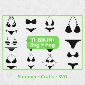 May include: A collection of eleven black bikini silhouettes in various styles, including triangle and bandeau tops with matching bottoms. A green rectangular label in the centre displays the white text 11 BIKINI Svg + Png, with Summer • Crafts • Svg below.