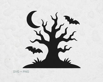 Spooky Twisted Tree SVG, Halloween Moon, Bats (Digital Download)