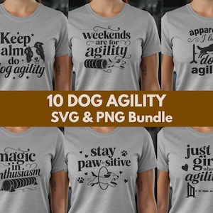 Könnte beinhalten: Eine Kollektion von sechs grauen T-Shirts mit schwarzen Grafikdesigns zum Thema Hunde-Agility. Die Aufdrucke enthalten Sätze wie Keep calm do dog agility, weekends are for agility, apparently I like dog agility, magic in enthusiasm, stay paw-sitive und just a girl who loves agility.