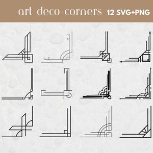 May include: A collection of twelve art deco corner designs in black, arranged on a light background. The designs vary in style, featuring geometric shapes and lines. Text at the top reads "art deco corners 12 SVG+PNG".