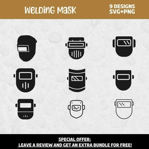 May include: Nine black and white welding mask designs. The designs are in a grid format. The text "9 DESIGNS SVG+PNG" is at the top of the image. The text "SPECIAL OFFER: LEAVE A REVIEW AND GET AN EXTRA BUNDLE FOR FREE!" is at the bottom of the image.