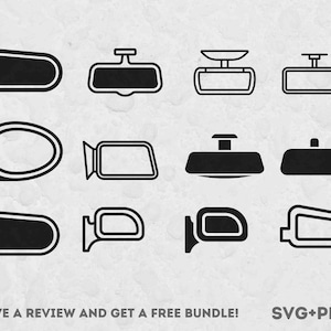 Puede incluir: Ilustraciones en blanco y negro de espejos retrovisores de coche, incluyendo espejos laterales y retrovisores interiores. La imagen presenta diferentes diseños y formas. El texto en la parte inferior dice "LEAVE A REVIEW AND GET A FREE BUNDLE! SVG+PNG".